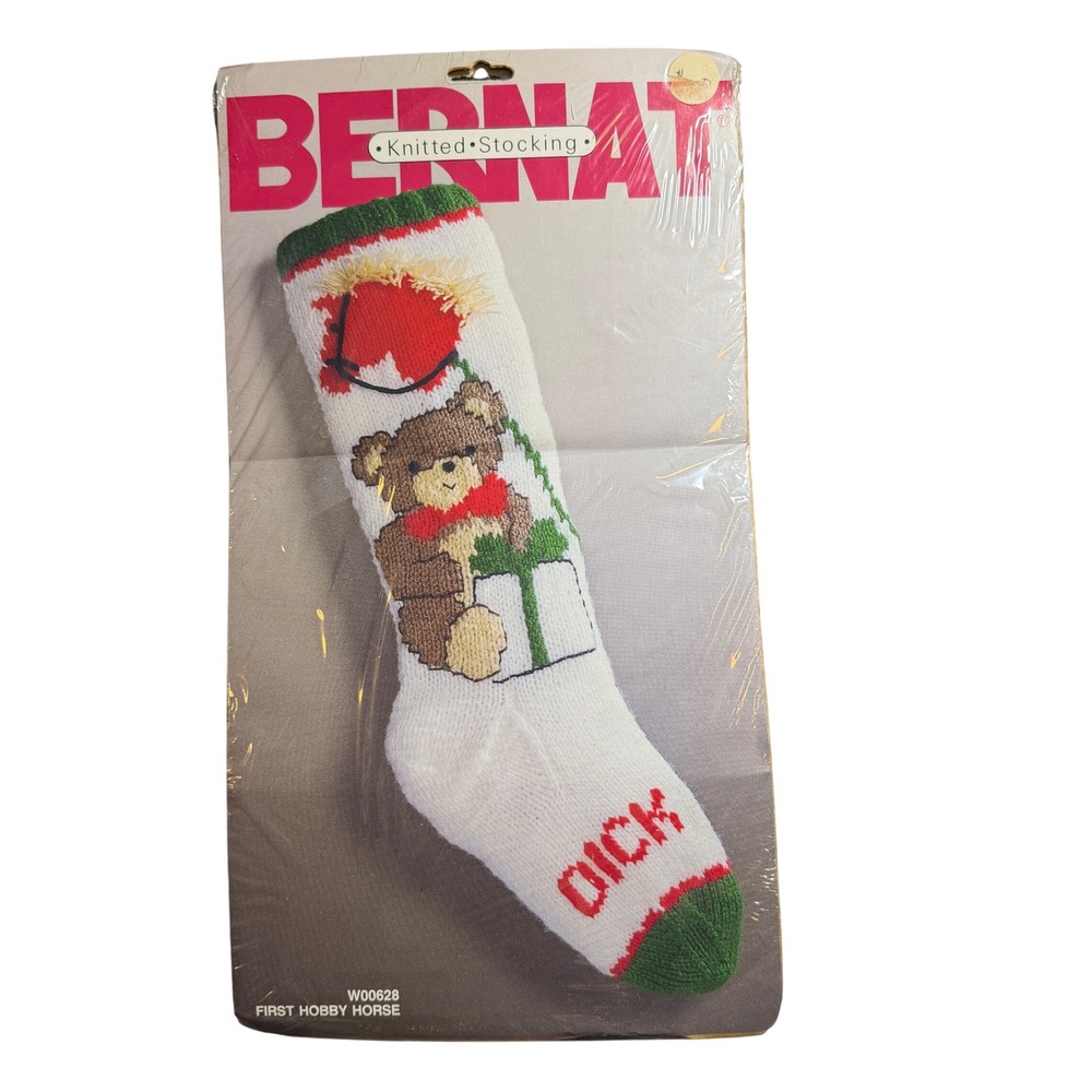 Bernat Knitted Stocking Kit Hobby Horse Teddy Bear OS White Red Green New VTG
